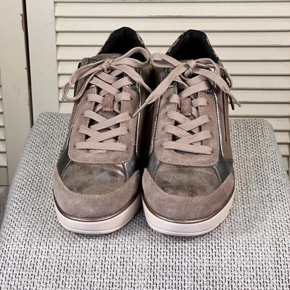 Geox Respira Ilde Dark Taupe Leopard Heeled Wedge Sneakers Italian Womens Size 9 - Picture 7 of 8